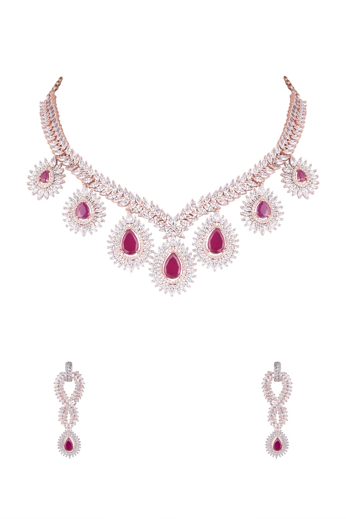 Rose Gold Finish Red Stones & Faux Diamonds Necklace Set