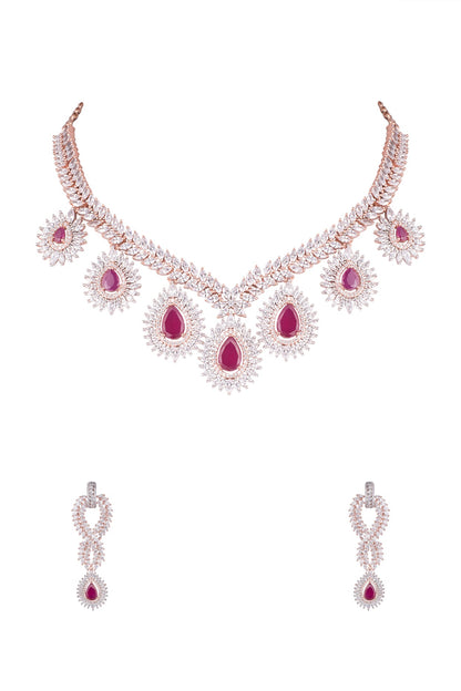 Rose Gold Finish Red Stones & Faux Diamonds Necklace Set