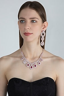 Rose Gold Finish Red Stones & Faux Diamonds Necklace Set