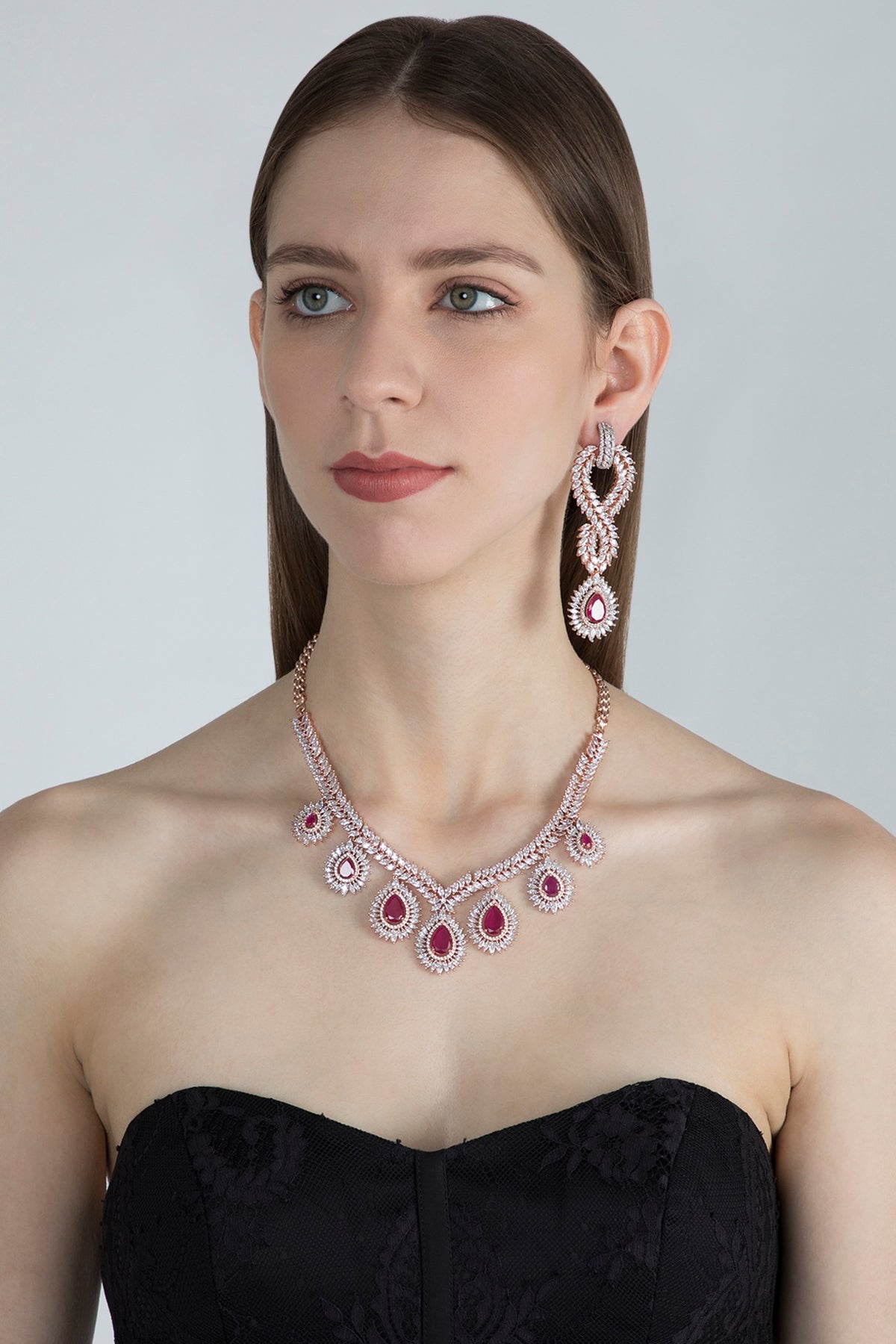 Rose Gold Finish Red Stones & Faux Diamonds Necklace Set