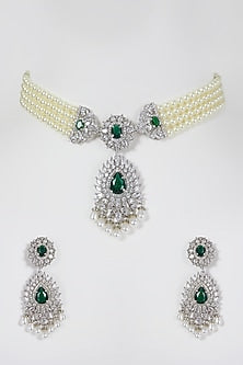White Finish Zircon & Green Stone Choker Necklace Set