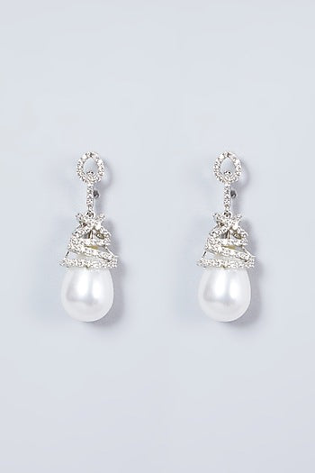 White Finish Pearl Drop & Diamond Earrings