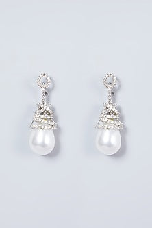 White Finish Pearl Drop & Diamond Earrings
