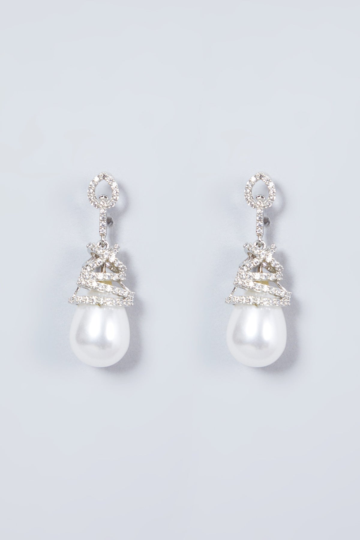 White Finish Pearl Drop & Diamond Earrings