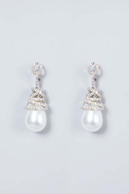 White Finish Pearl Drop & Diamond Earrings
