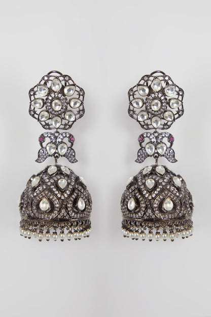 Black Rhodium Finish Diamond & Pearl Earrings