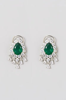 White Finish Zircon & Green Synthetic Stone Earrings