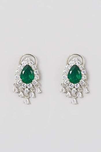 White Finish Zircon & Green Synthetic Stone Earrings