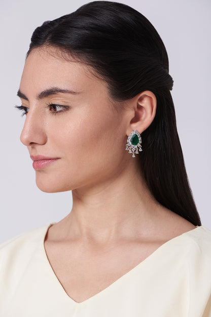White Finish Zircon & Green Synthetic Stone Earrings