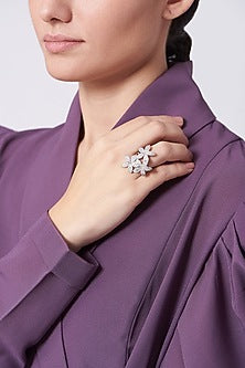 White Finish Zircon Floral Ring