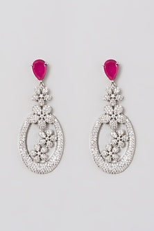 White Finish Zircon & Red Synthetic Stone Dangler Earrings