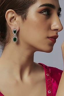 White Finish Zircon & Emerald Stone Dangler Earrings
