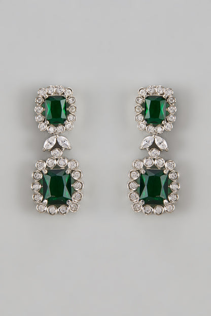 White Finish Zircon & Emerald Stone Dangler Earrings
