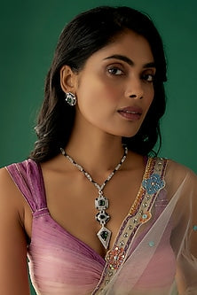 White Finish Zircon & Emerald Long Necklace Set