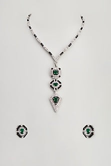 White Finish Zircon & Emerald Long Necklace Set