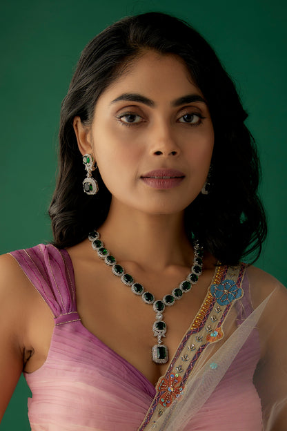 White Finish Zircon & Emerald Long Necklace Set