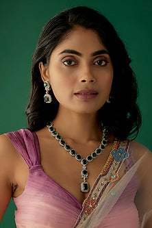 White Finish Zircon & Emerald Long Necklace Set