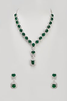 White Finish Zircon & Emerald Long Necklace Set