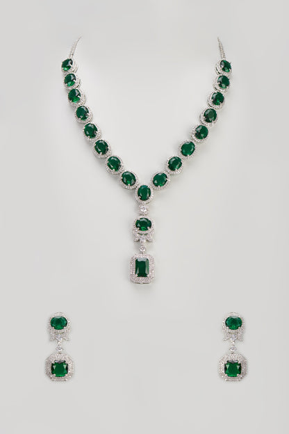 White Finish Zircon & Emerald Long Necklace Set