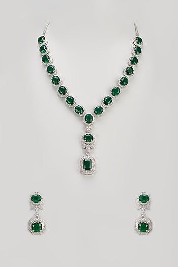 White Finish Zircon & Emerald Long Necklace Set
