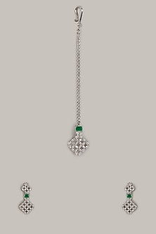 White Finish Zircon & Green Stone Dangler Earrings With Maangtikka