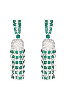 White Finish Diamond & Green Stone Jhumka Earrings