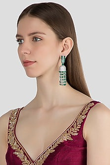 White Finish Diamond & Green Stone Jhumka Earrings