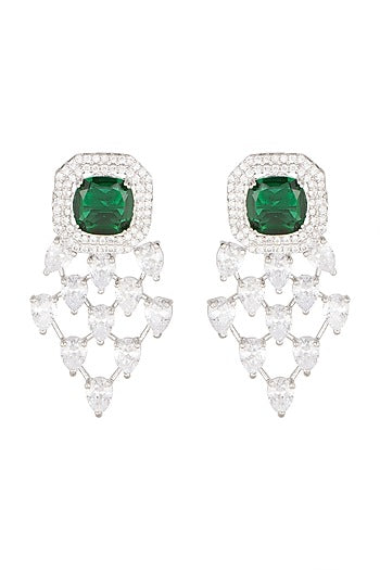 White Finish Diamond & Green Stone Earrings