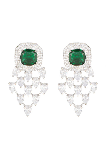 White Finish Diamond & Green Stone Earrings