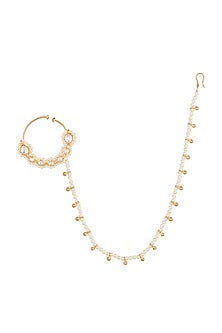 Gold Finish Kundan & Faux Pearl Nose Ring With Kan Chain