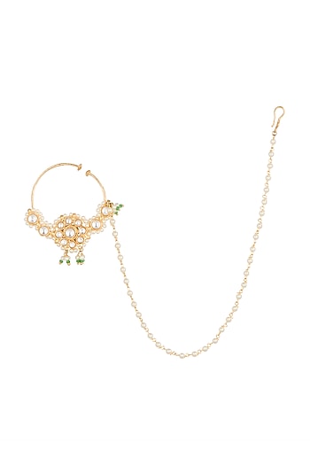 Gold Finish Green Stone Nose Ring With Kan Chain
