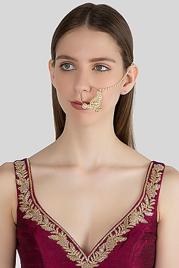 Gold Finish Green Stone Nose Ring With Kan Chain
