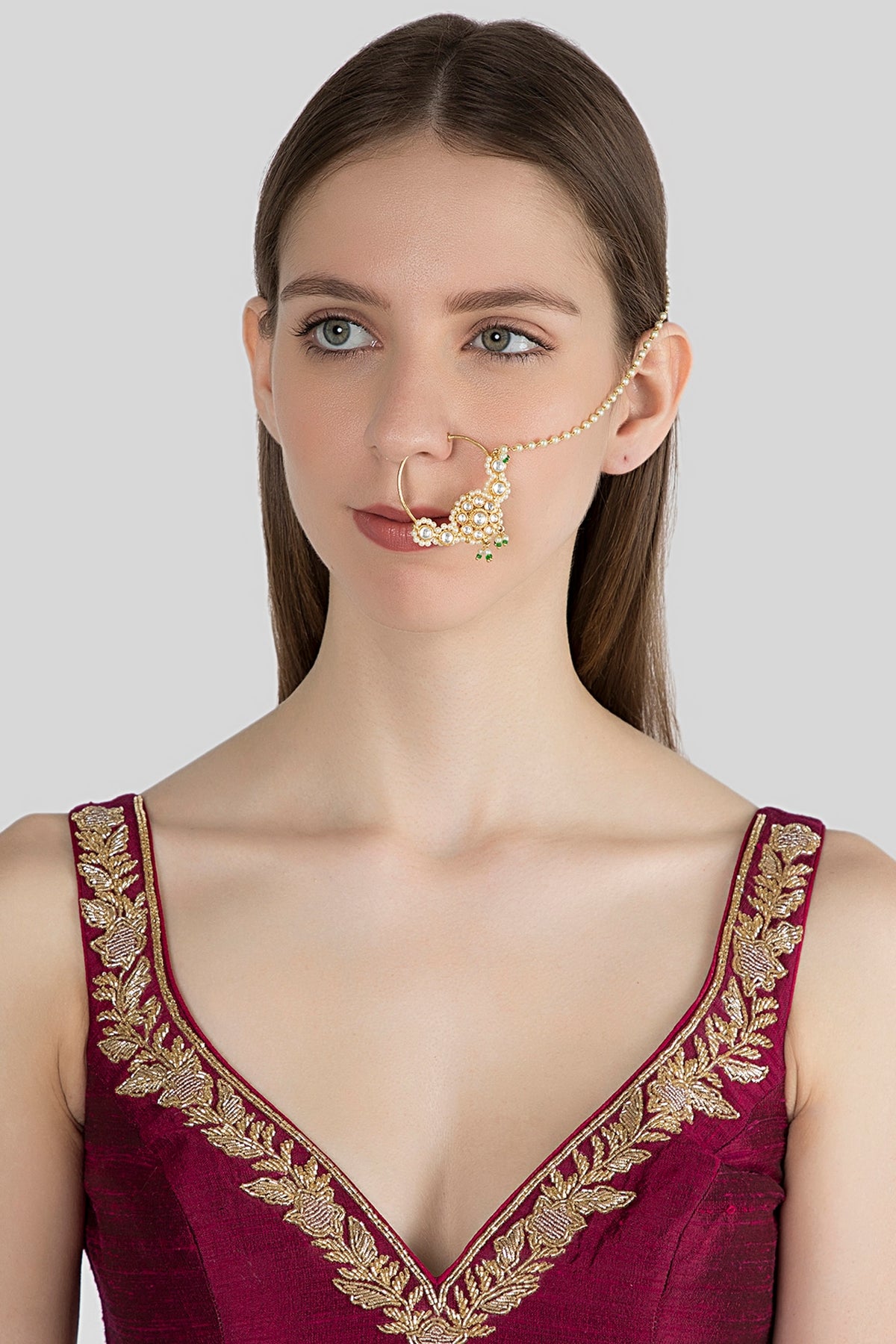 Gold Finish Green Stone Nose Ring With Kan Chain