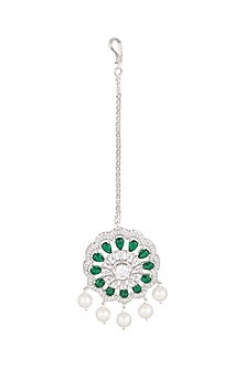 White Finish Green Stone & Diamond Maang Tikka