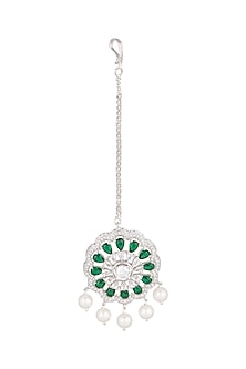 White Finish Green Stone & Diamond Maang Tikka