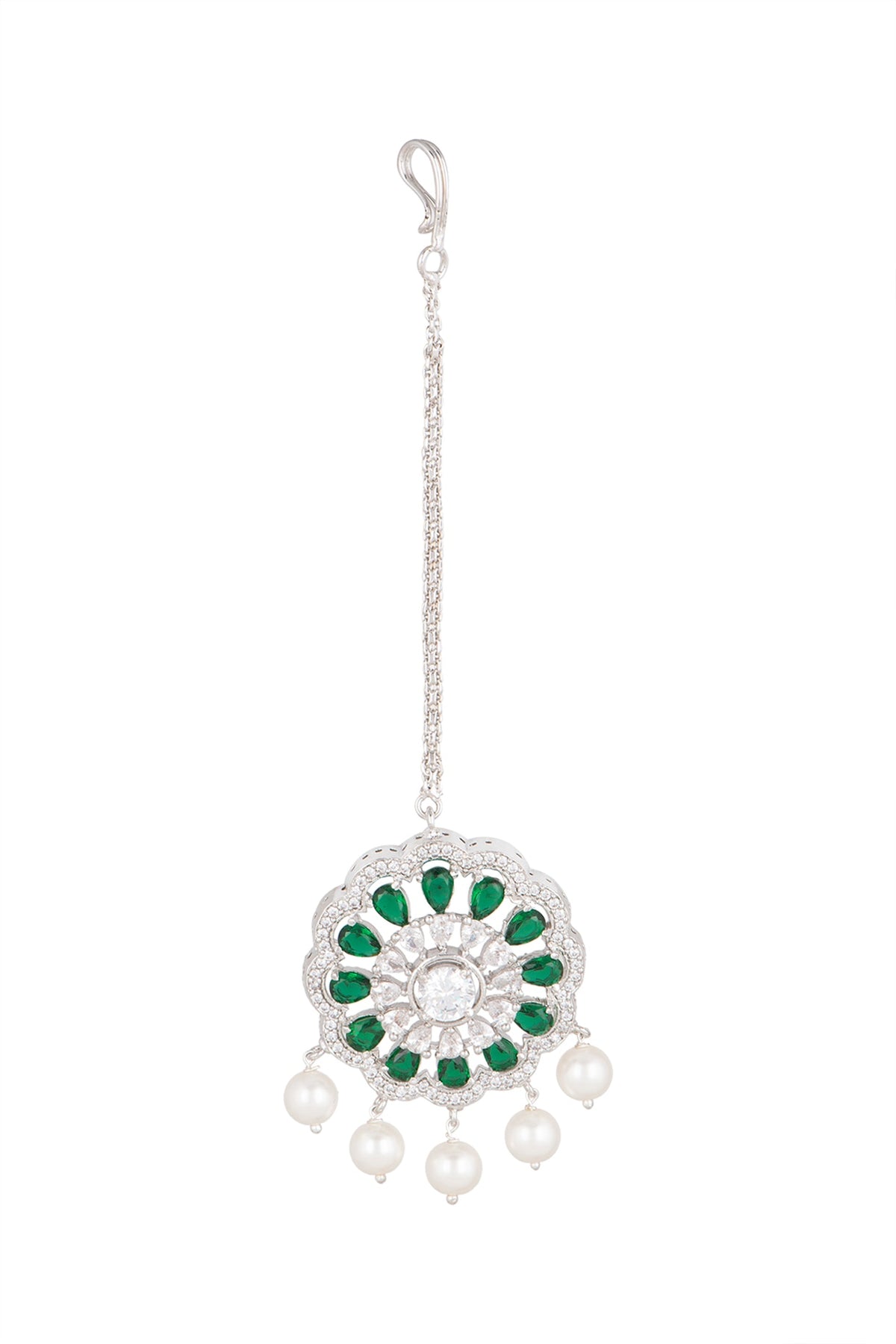 White Finish Green Stone & Diamond Maang Tikka