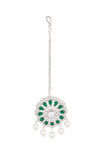 White Finish Green Stone & Diamond Maang Tikka