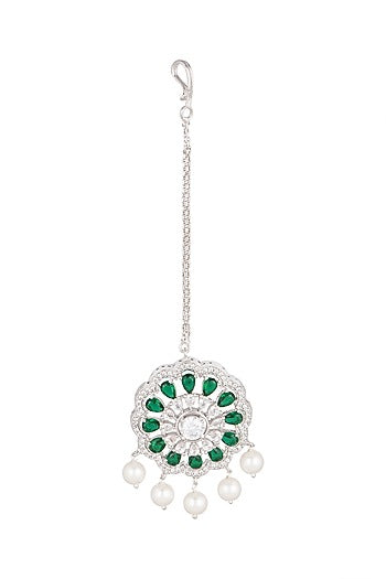 White Finish Green Stone & Diamond Maang Tikka