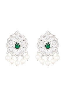 White Finish Green Stone Earrings