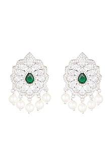 White Finish Green Stone Earrings