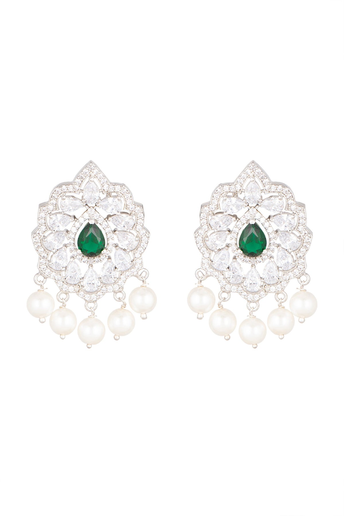 White Finish Green Stone Earrings