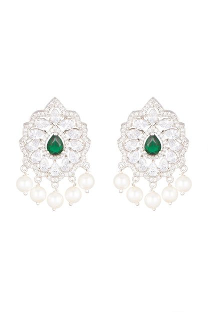 White Finish Green Stone Earrings
