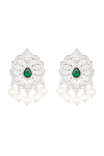 White Finish Green Stone Earrings