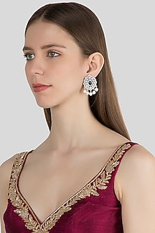 White Finish Green Stone Earrings