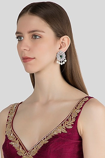 White Finish Green Stone Earrings