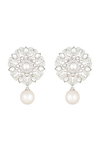 White Finish Diamond & Pearl Earrings