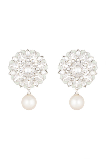White Finish Diamond & Pearl Earrings