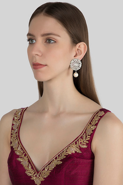 White Finish Diamond & Pearl Earrings