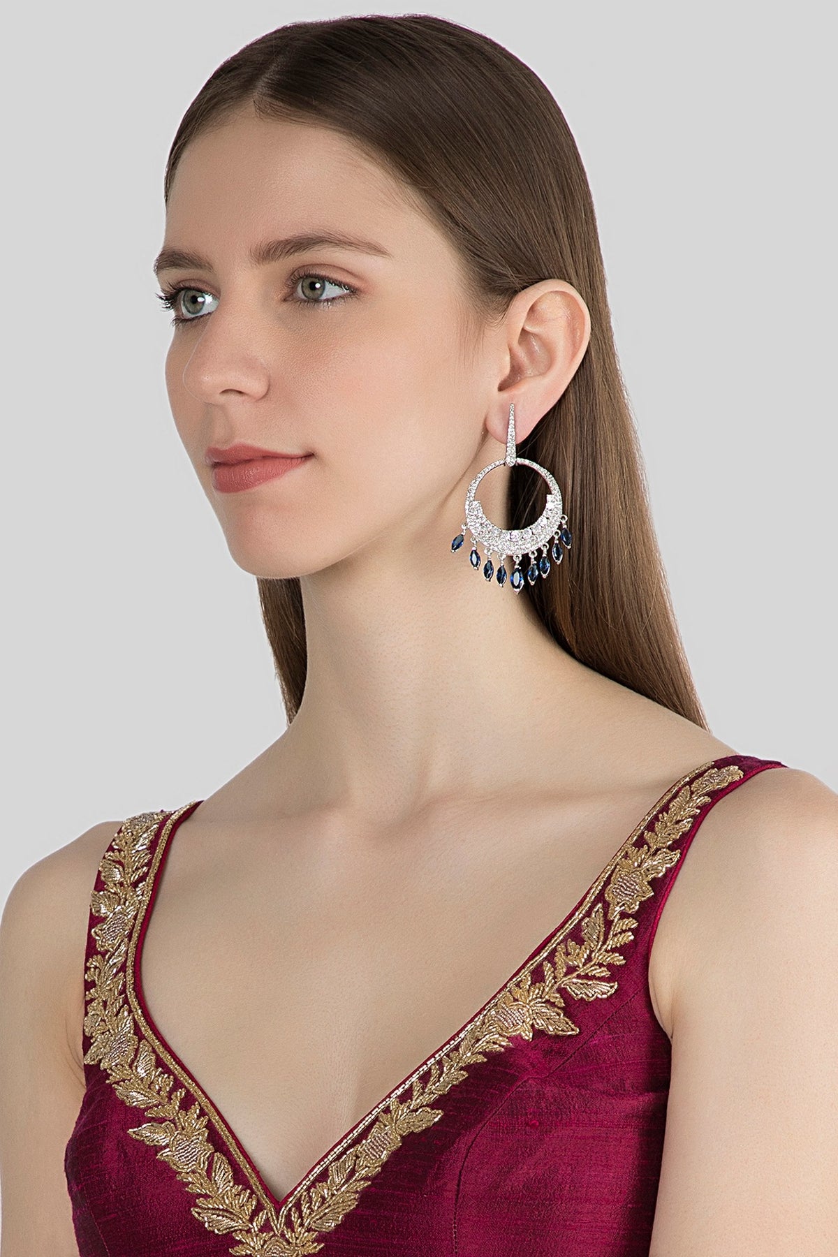 White Finish Blue Stone Dangler Earrings