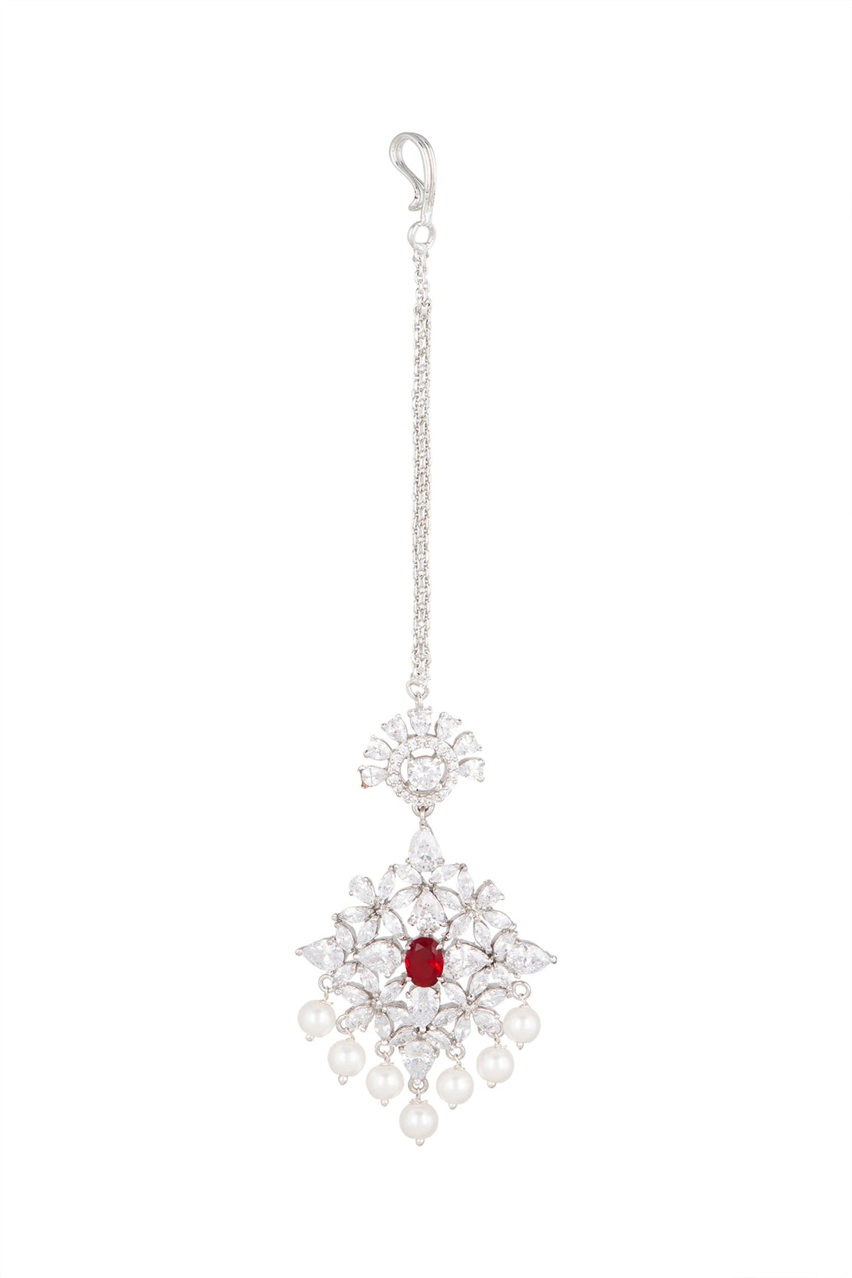 White Finish Red Stone Maang Tikka